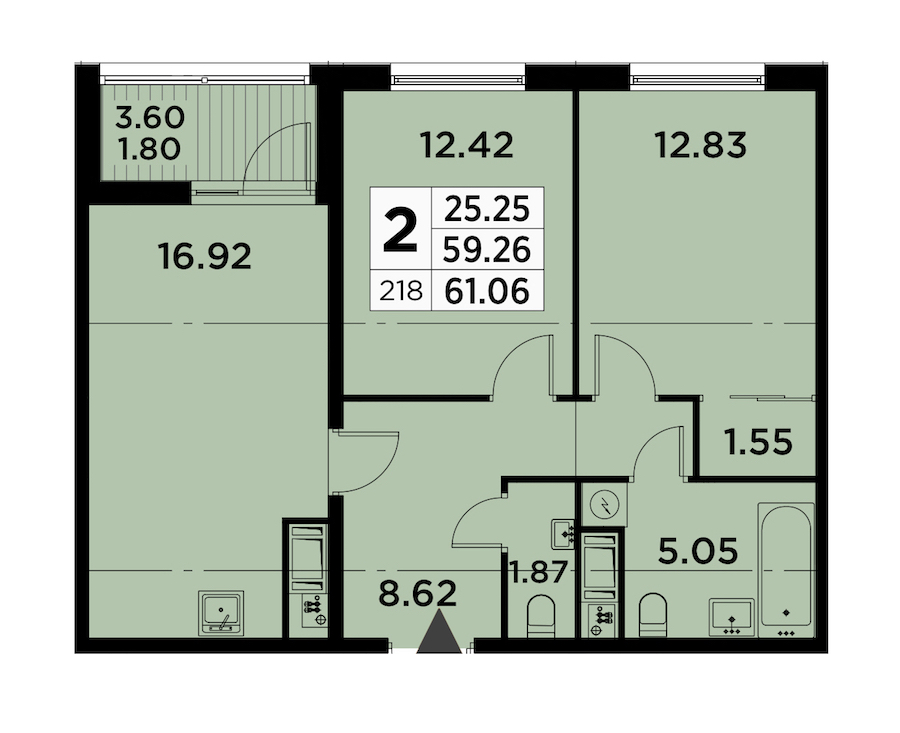 2-комнатная квартира 61.06 м², 11/14 эт., ЖК «GloraX City Zanevsky»
